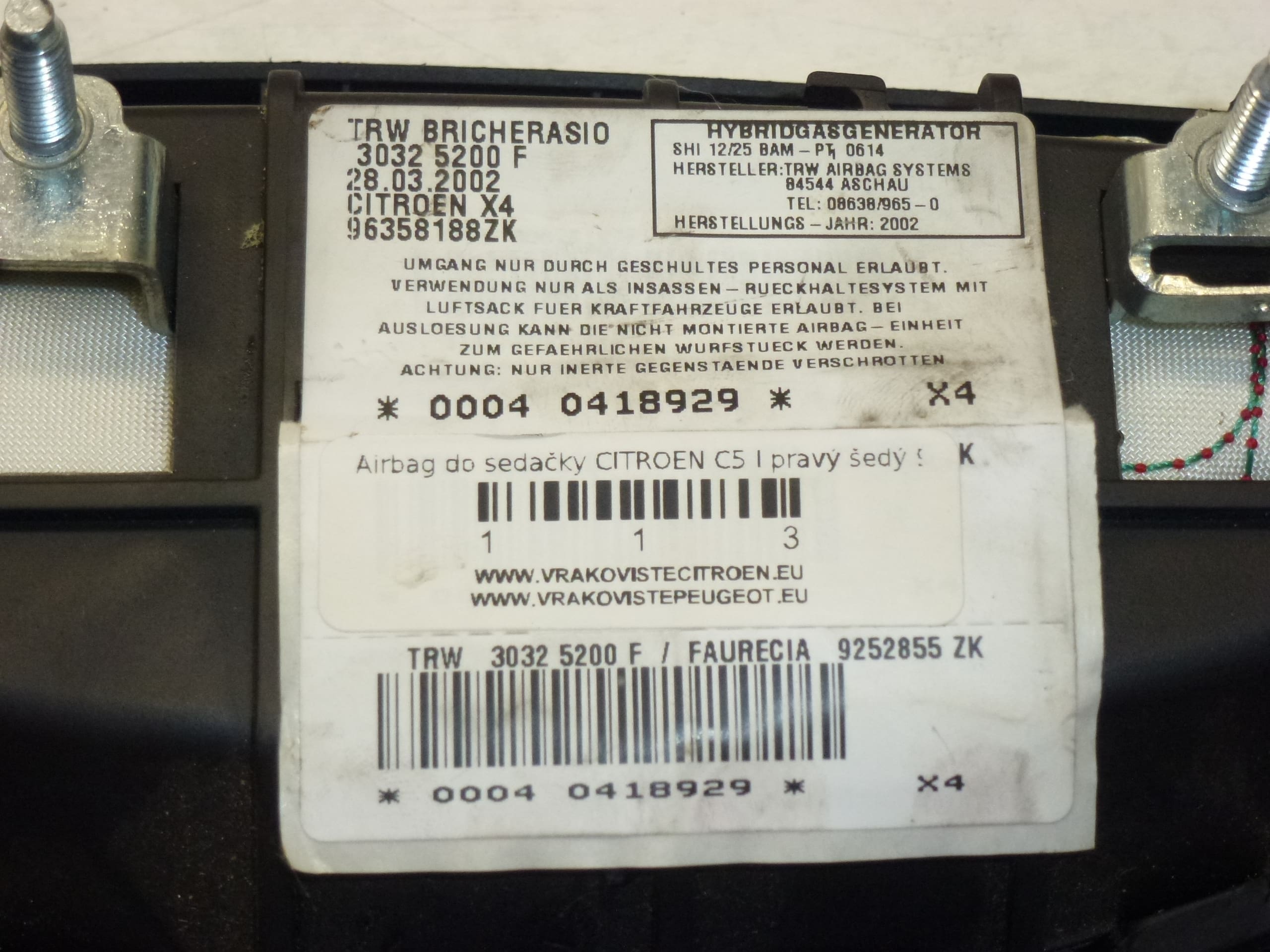 Airbag Sedile Passeggero Citroën C5 96358188ZK 96391352ZK 8216K3 - immagine 2